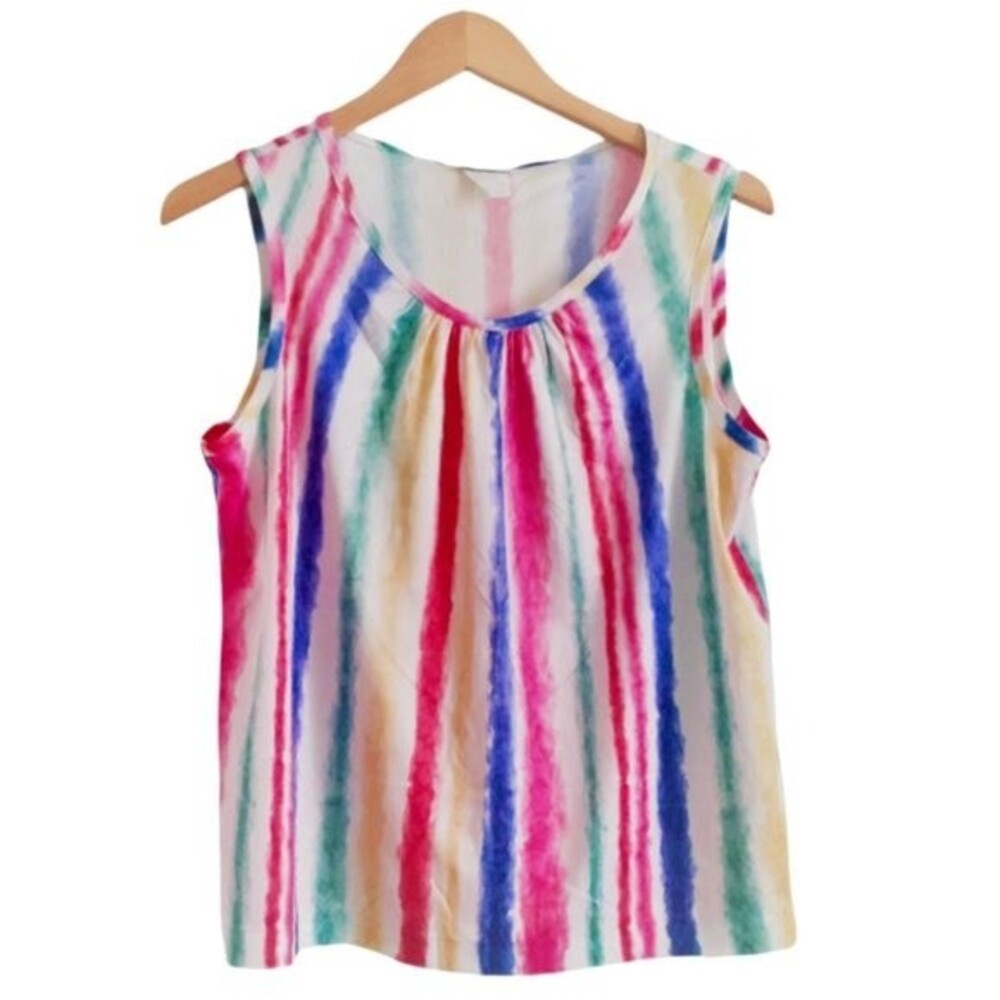 VTG. 80s Retro Improved Living Pink Multi Color Brush Paint Stripes Crewneck Top